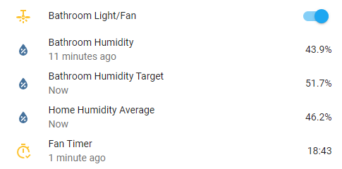 Home Assistant Dashboard status list of the bathroom fan state (on/off), humidity level, humitidy target, average home humidity level, and timer status.